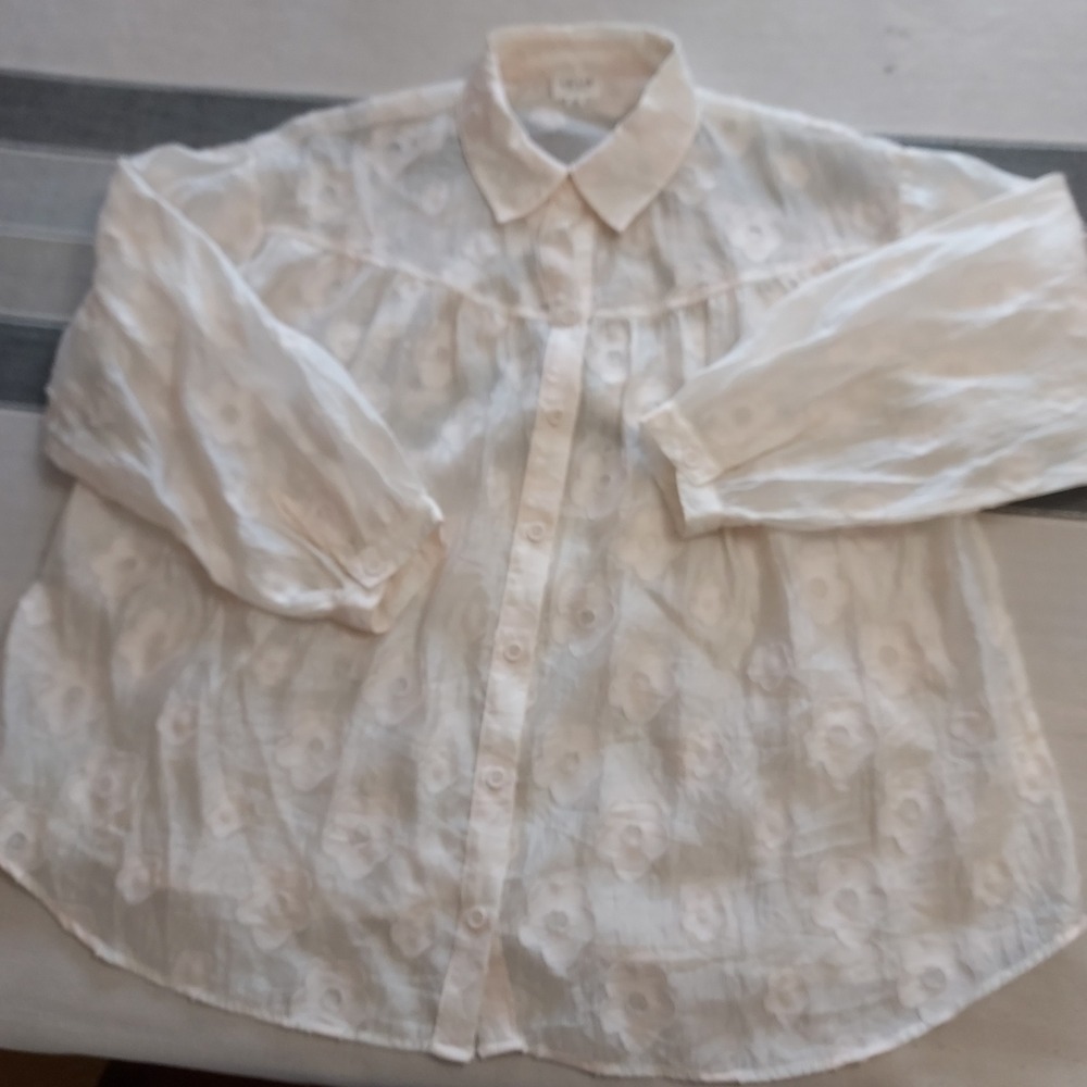 Le Lis Collection Ivory Floral  Button Down Blouse XS Sheer Cottagecore Coquette